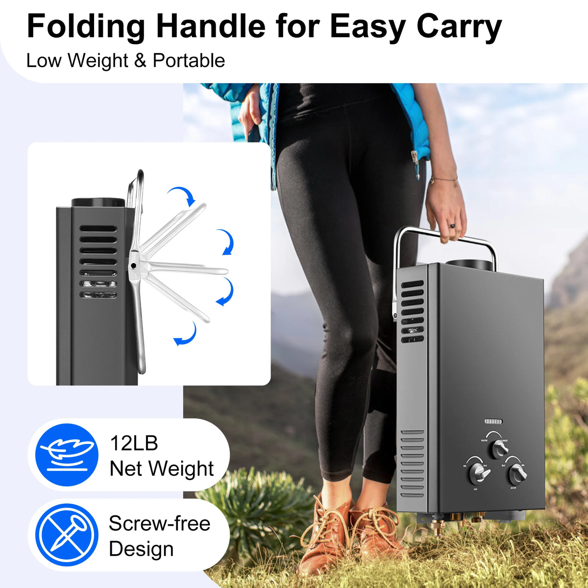 Outdoor Propane Tankless Water Heater - 6L 1.58 GPM Portable Gas Water Heater with Handle & Overheating Protection,
