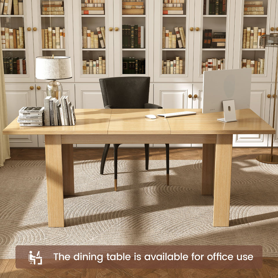 Rectangular solid wood dining table shown fully extended to seat up to 10 people
