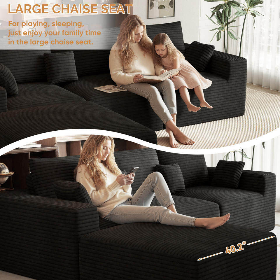 Corduroy Modular Sectional Sofa Non-Assembly Design Foldable Metal Frame Modern Extra Wide Armrest Ergonomic Sofa Living Room