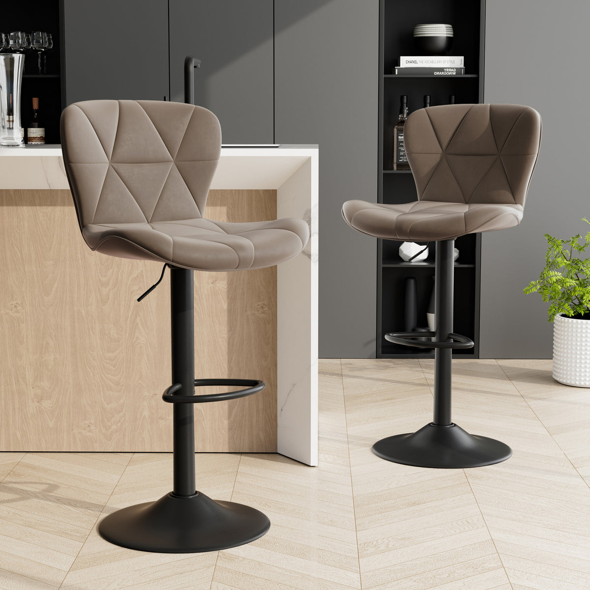 Modern Outdoor Adjustable Swivel PU Faux Leather Upholstered Iron Frame Counter Height High Backrest Home Bar Kitchen Island (Set of 2)