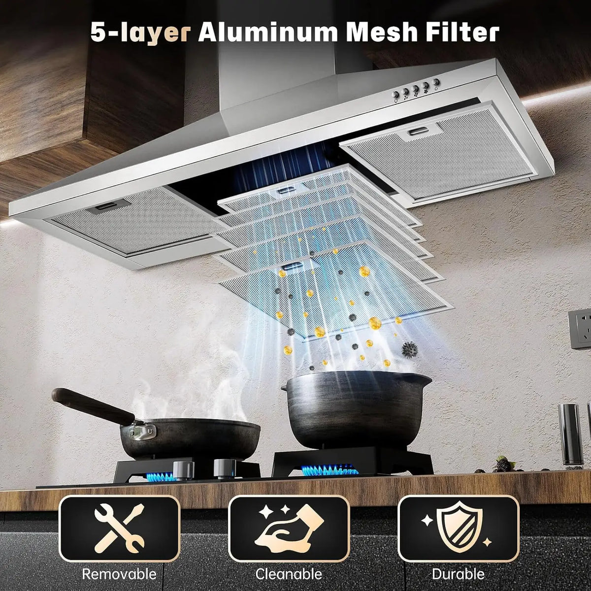 36 Inch Range Hood, 450CFM Wall Mount Stainless Steel Kitchen Vent Hood - 3-Speed Exhaust Fan, LED Light & Push Button Control