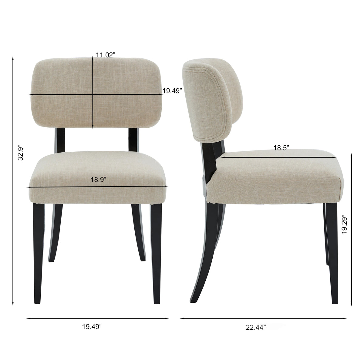 Modern Upholstered Set of 2 Beige Linen Fabric Dining  Chairs with Black Solid Wood Legs for Kitchen Dining Room Furniture