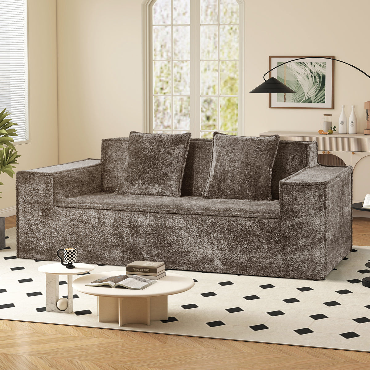 Modern Square Chenille Sofa Bed Set with Deep Seat Boneless Design Includes 2 Pillows-Living Room Bedroom Apartment