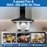 36 Inch Range Hood, 450CFM Wall Mount Stainless Steel Kitchen Vent Hood - 3-Speed Exhaust Fan, LED Light & Push Button Control