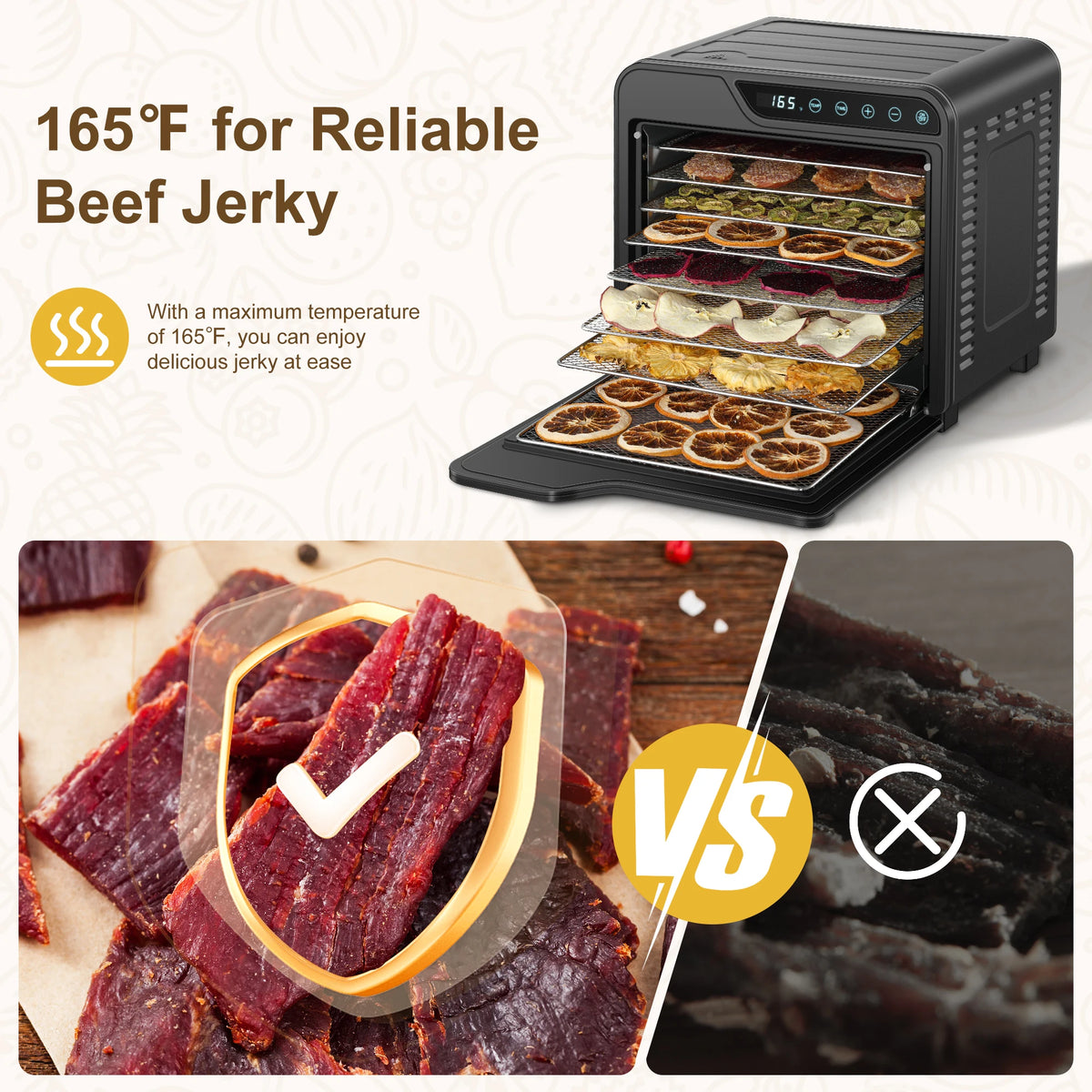 Food Dehydrator, 8-Tray Stainless Steel Jerky Dehydrator, 625W Food Dryer with Adjustable Timer & Temperature, - view 6