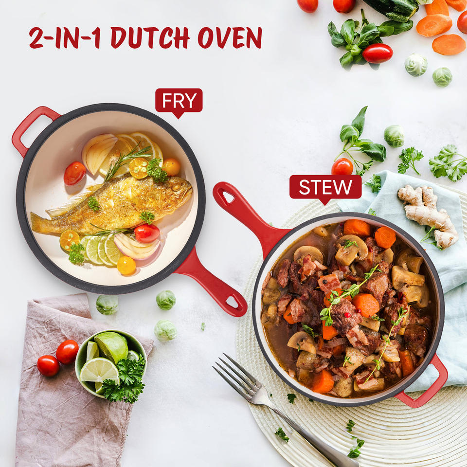 Ceramic Enameled 2-in-1 Dutch Oven Skillet Set 3QT + 1.5QT Non-Stick Dishwasher Safe Casserole Cookware Stainless Steel Bottom