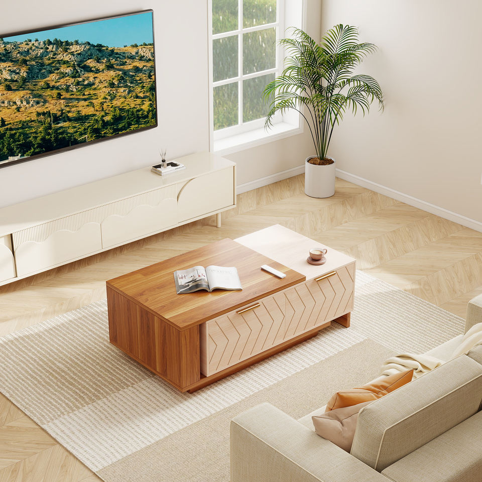Two-tone wood coffee table shown with its top extended to fit a larger space