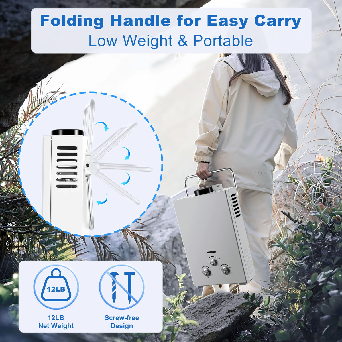 Outdoor Propane Tankless Water Heater - 6L 1.58 GPM Portable Gas Water Heater with Handle & Overheating Protection,