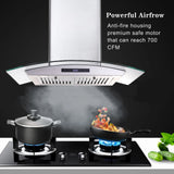 Range Hood 30 Inch, Tieasy Wall Mount Kitchen Hood with Ducted/Ductless Convertible Duct, Tempered Glass,Touch Control,LED Light
