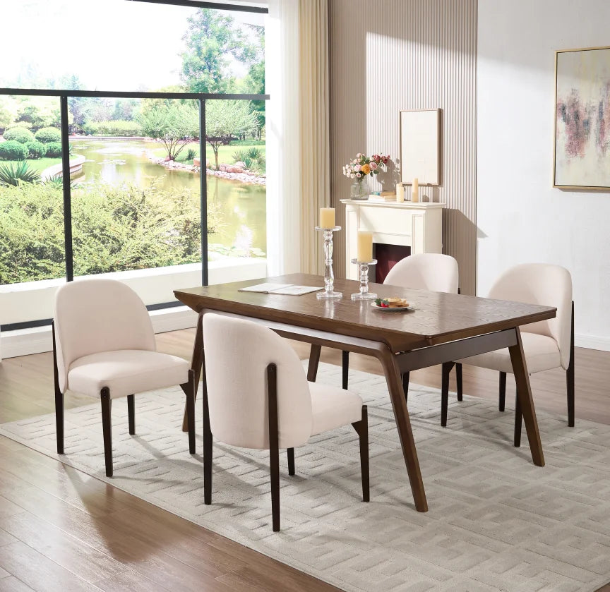 Stock Modern Upholstered Dining Chairs Set of 2 Beige Fabric with Solid Wood Legs Ergonomic Backrest for Kitchen Dining Room