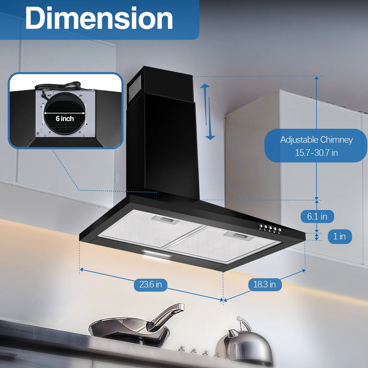Black Range Hood,Wall Mount Range Hood 24 Inch,Stainless Steel Kitchen Hood Aluminum Filters,3 Speed Exhaust Fan LED Light