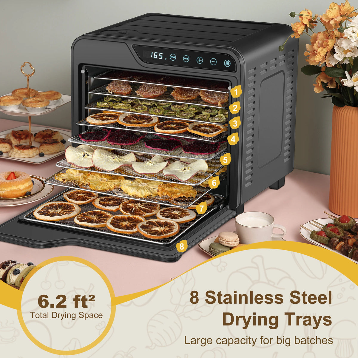 Food Dehydrator, 8-Tray Stainless Steel Jerky Dehydrator, 625W Food Dryer with Adjustable Timer & Temperature, - view 2