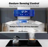 Island Range Hood 36 Inch 700 CFM Ceiling Mount Kitchen Stove Hood Ducted with Tempered Glass 4 LED Lights Gesture/Touch Control