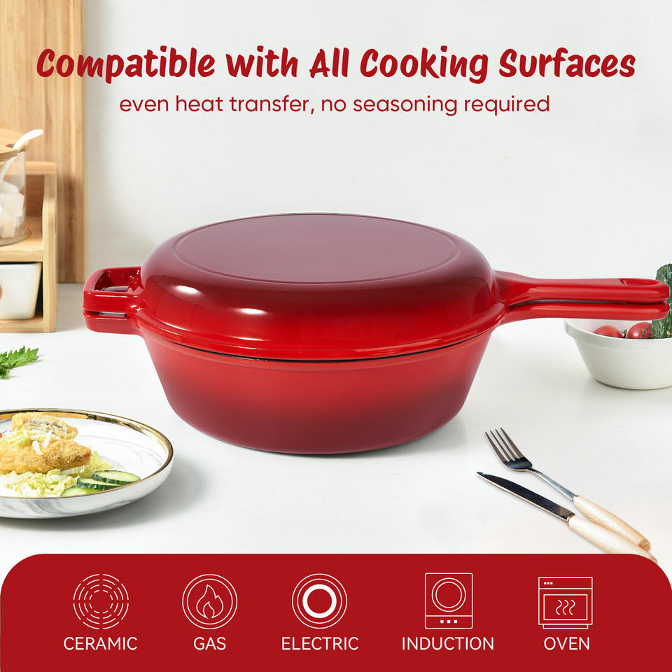 Ceramic Enameled 2-in-1 Dutch Oven Skillet Set 3QT + 1.5QT Non-Stick Dishwasher Safe Casserole Cookware Stainless Steel Bottom