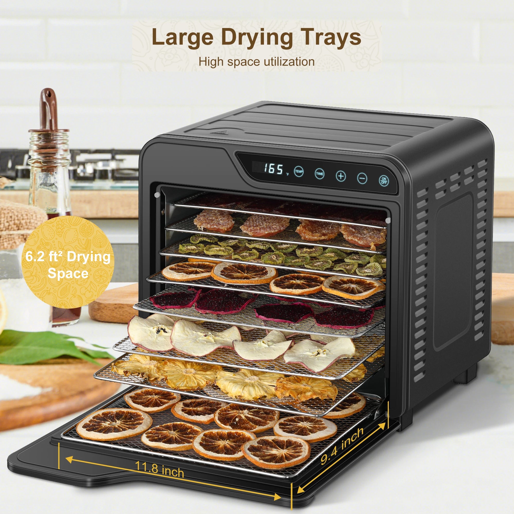 Food Dehydrator, 8-Tray Stainless Steel Jerky Dehydrator, 625W Food Dryer with Adjustable Timer & Temperature, - view 5