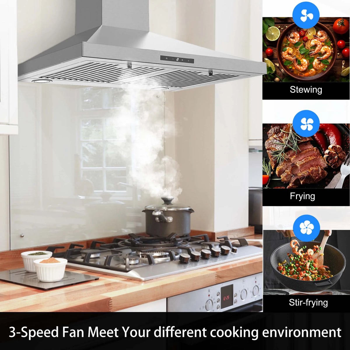 Range Hood 30 Inch, Vent Hoods 30 Inch Stainless Steel, 450 CFM Kitchen Hood with LED Light , 3 Speed Exhaust Fan,Touch Control