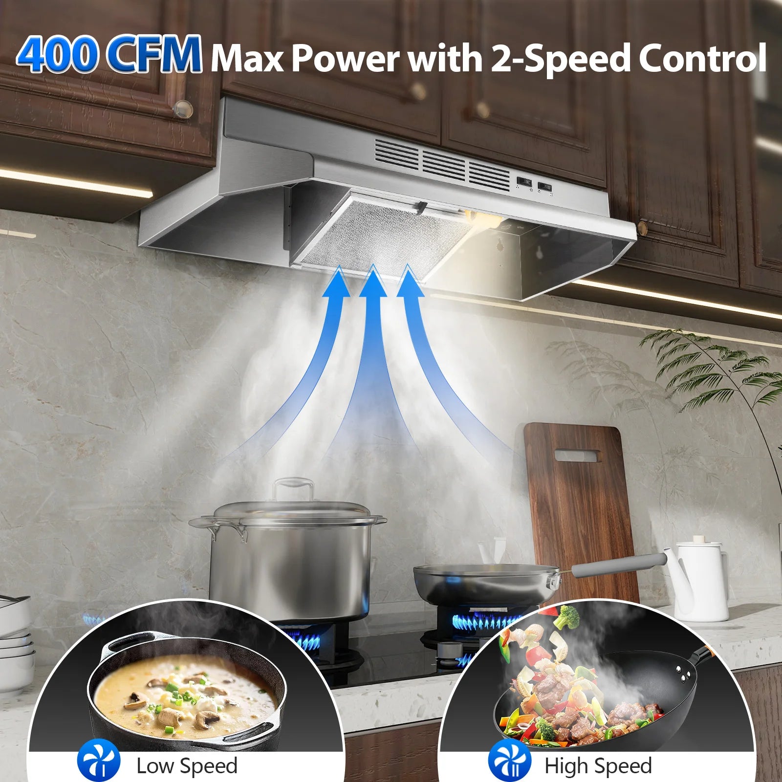 30 Inch Stainless Steel Under Cabinet Range Hood 400CFM Convertible Vent Hood with 2 Speed Exhaust Fan and Rocker Switch Control