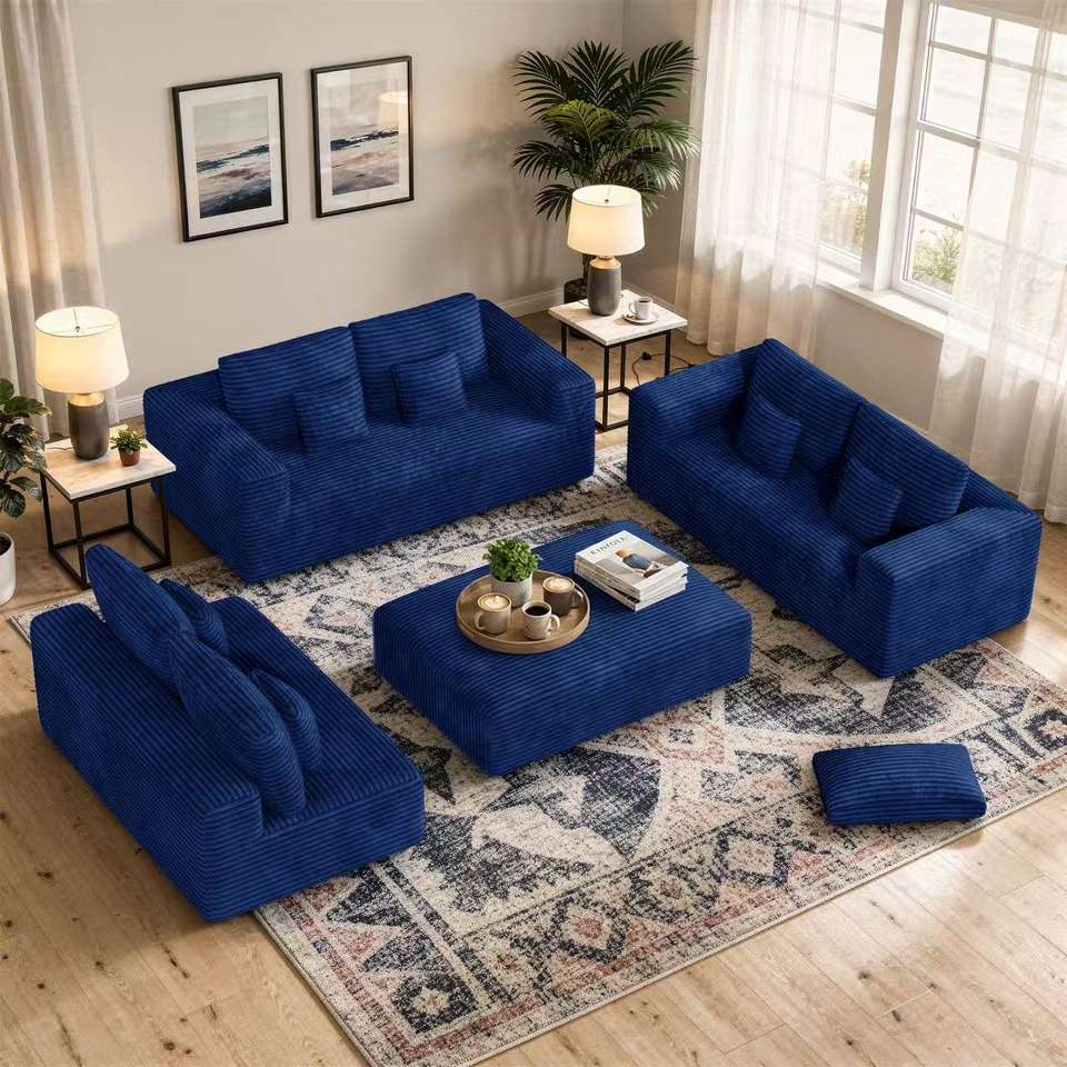 Corduroy Modular Sectional Sofa Bed Ottoman Plush Fluffy Fabric Sponge Filled No Assembly Required Oversized Modern Apartment