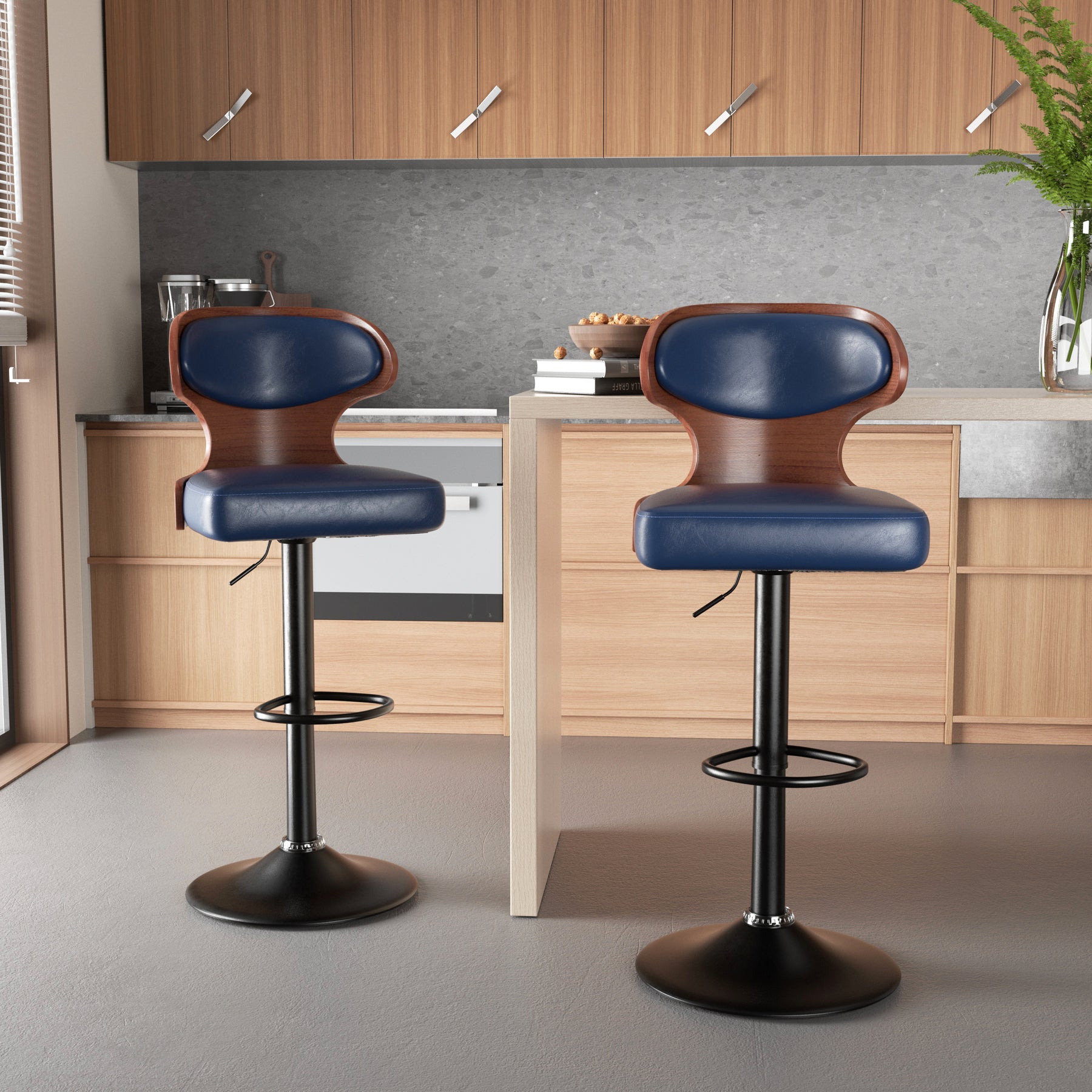 Ergonomic Modern Dual Color Steady PU Leather Bar Stool Swivel Height Adjustable Large Seat Hotel Outdoor Kitchen Counter Chair