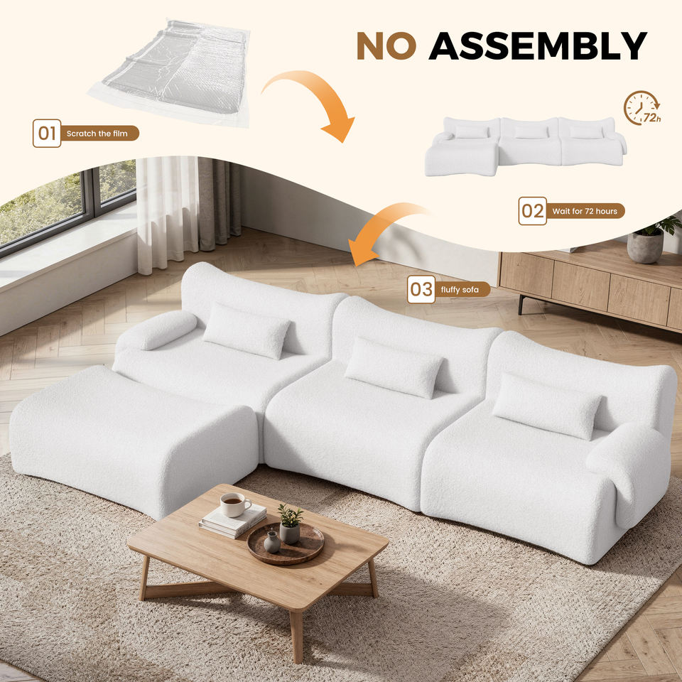 Velvet Teddy Fabric Modular Sofa Ottoman Ergonomic Curved Design No Assembly Required Oversized L-Shape Sofa Bed Upholstered