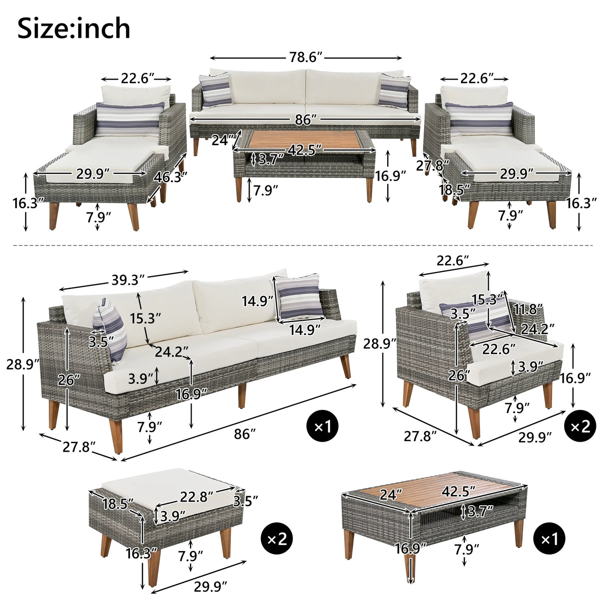 6-Pieces Wicker Rattan Patio Outdoor Sofa Set