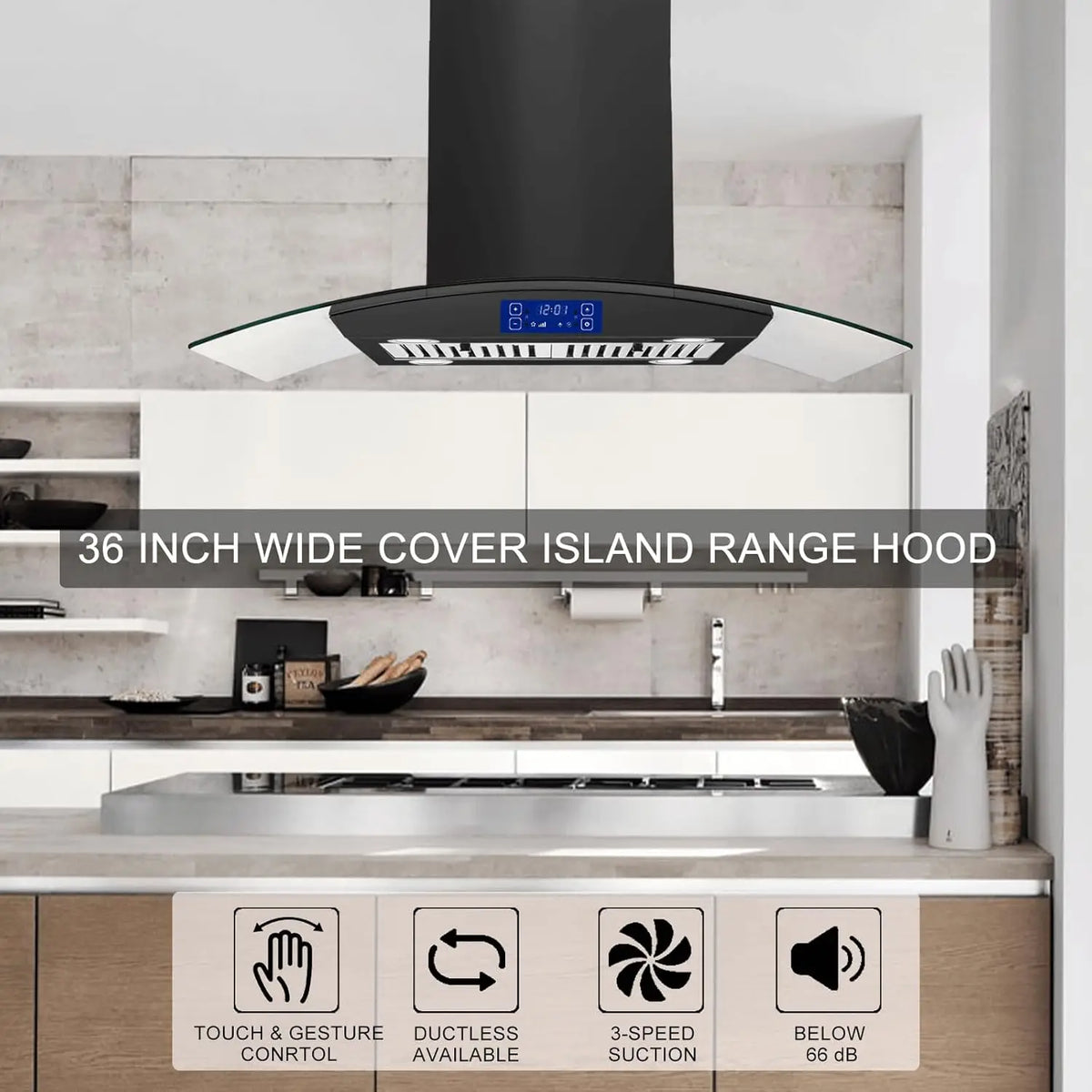 Island Range Hood 36 Inch 700 CFM Ceiling Mount Kitchen Stove Hood Ducted with Tempered Glass 4 LED Lights Gesture/Touch Control