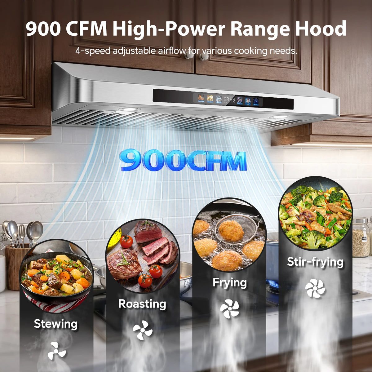 Tieasy Under Cabinet Range Hood 36 Inch, 900 CFM  Voice/Gesture/Remote/Touch Control, Memory Function