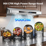 Tieasy Under Cabinet Range Hood 36 Inch, 900 CFM  Voice/Gesture/Remote/Touch Control, Memory Function