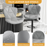Height Adjustable PU Leather Iron Frame Modern Steady Bar Stool Swivel Diamond Stitching Design Kitchen Counter Chair Home Bar (Set of 2)