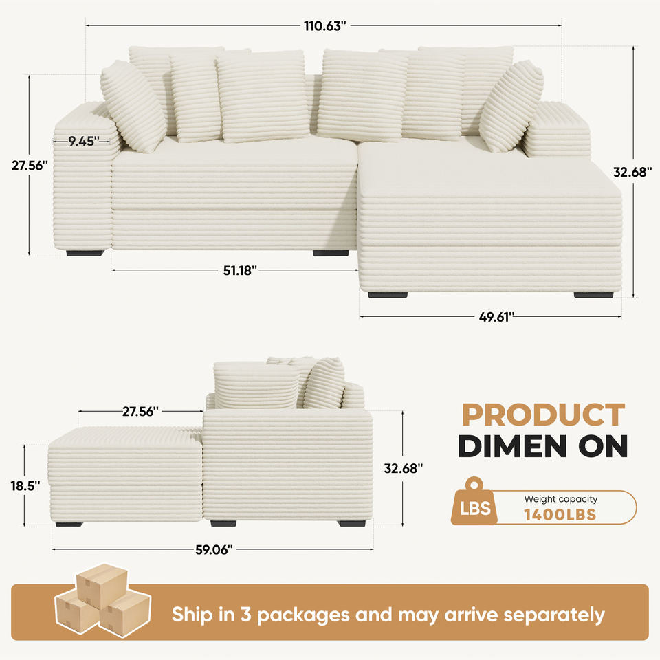 Modern Sectional Sofa Bed Set L-Shape Chaise Foldable Non-Inflatable Sponge Extra Large Reversible Corduroy Cover Metal Frame