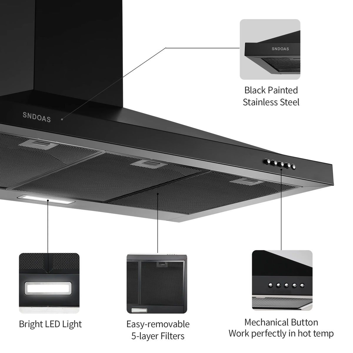 Black Range Hood 36 Inches,Stainless Steel Wall Mount Range Hood Black,Kitchen Hood Vent,Hood Vents for Kitchen