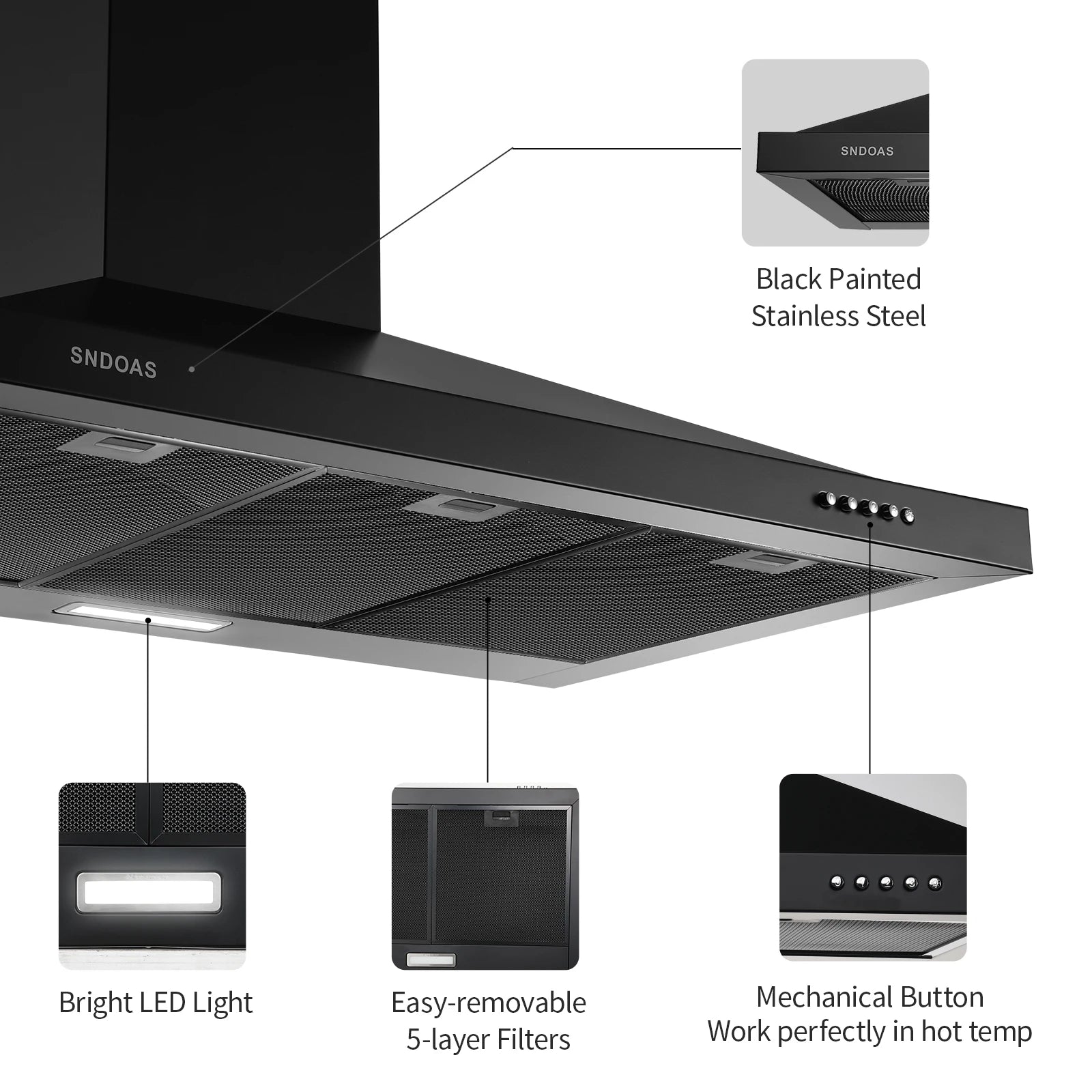 Black Range Hood 36 Inches,Stainless Steel Wall Mount Range Hood Black,Kitchen Hood Vent,Hood Vents for Kitche - view 4