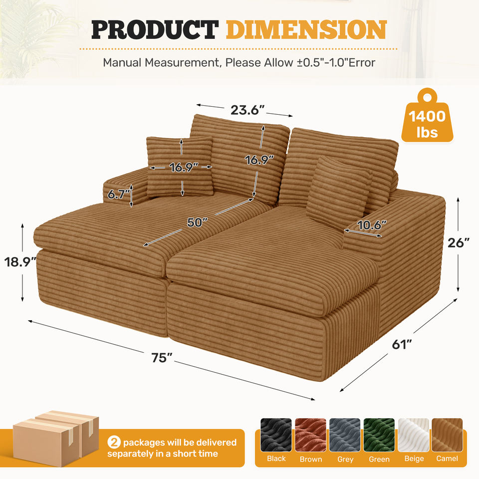 Corduroy Square 2-Seater Chaise Sofa Sponge Deep Seats Pillows Vacuum Packed Oversized Loveseat for Large Spaces Hospital Mall