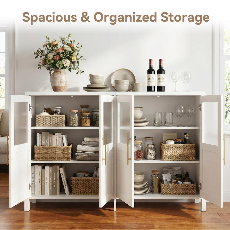 Storage cabinet shown with clear shaker glass door fronts for open display