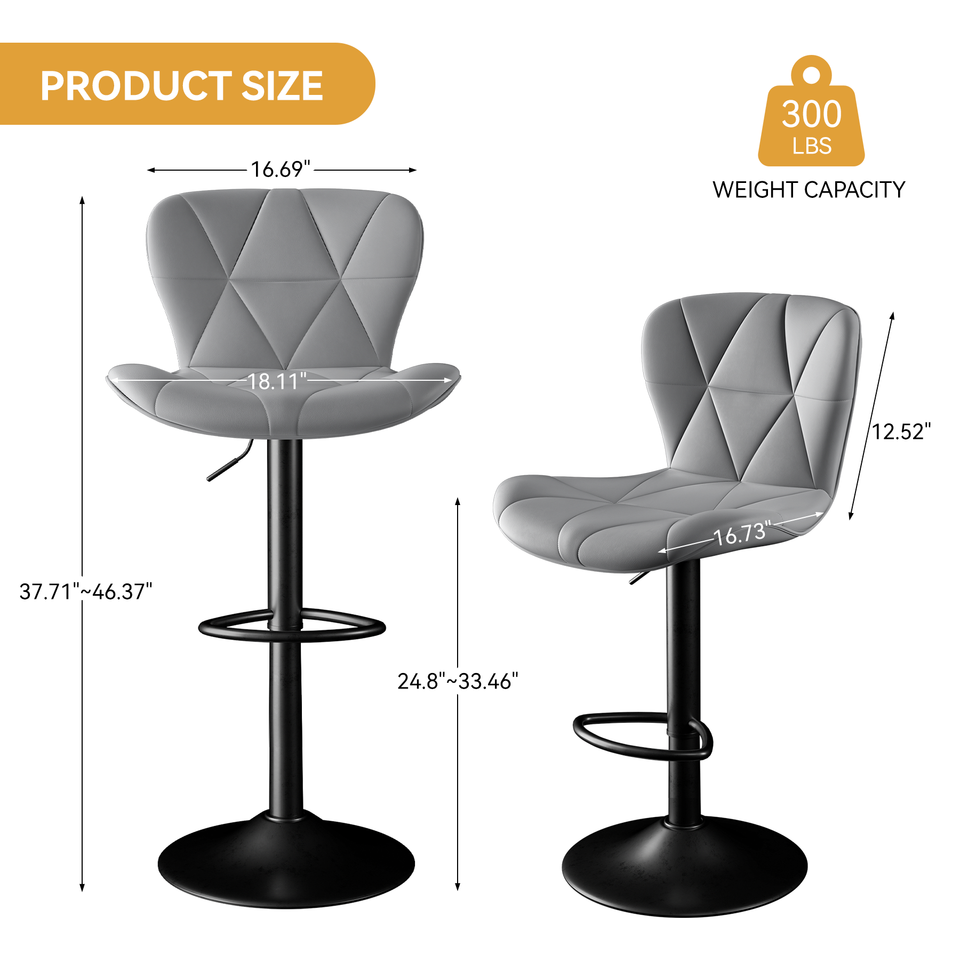 Height Adjustable PU Leather Iron Frame Modern Steady Bar Stool Swivel Diamond Stitching Design Kitchen Counter Chair Home Bar (Set of 2)