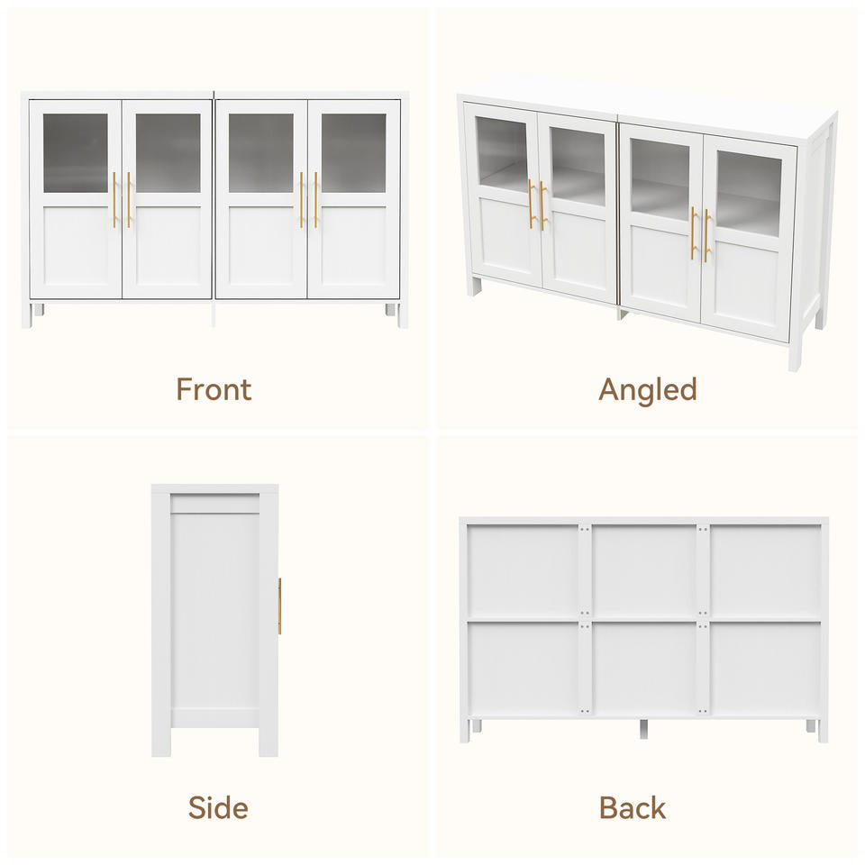 Modern Minimalist Handmade Solid Wood 4-Door Storage Cabinet with Shaker Glass Doors & Gold Handles for Living Room Dining Room