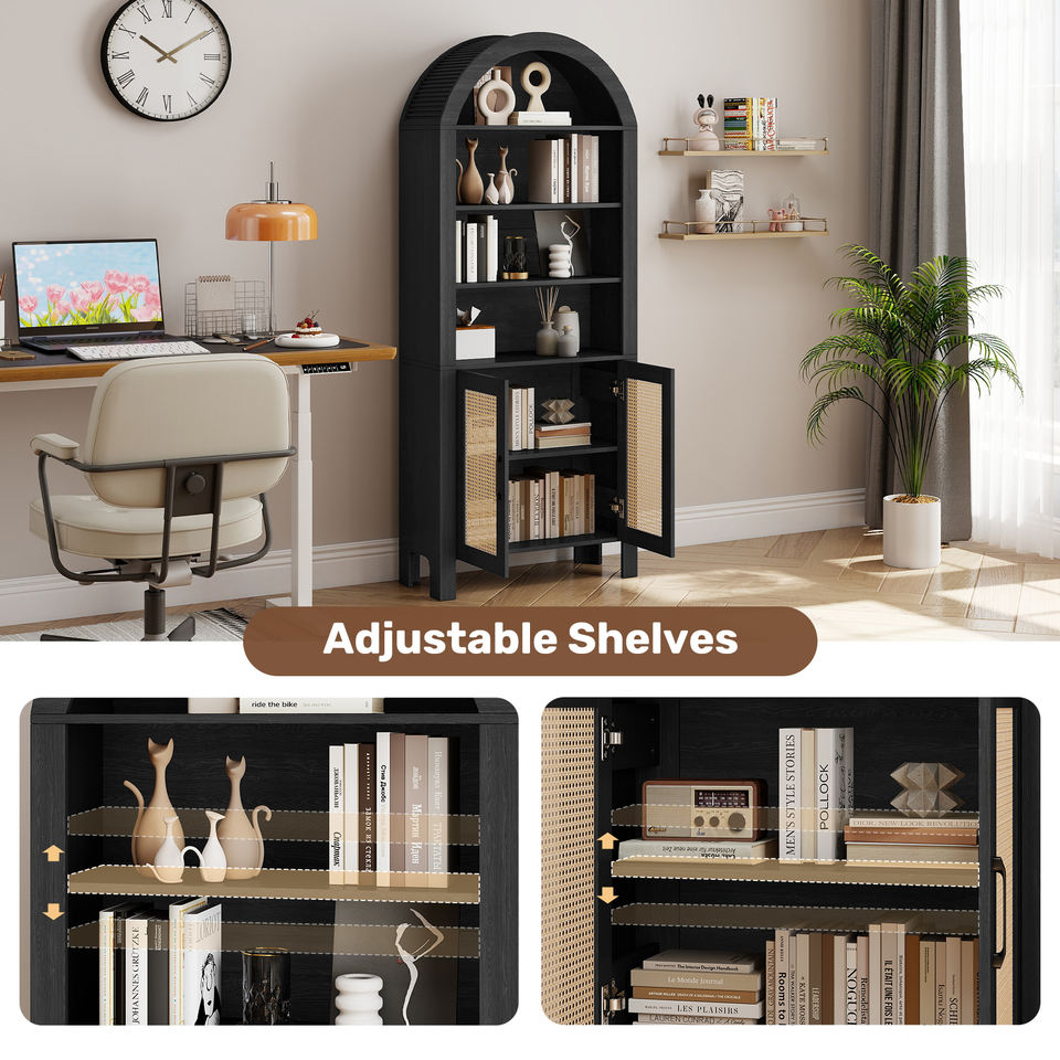 Arched Modern Eco-Friendly Durable Wood Multifunction Bookshelf Rattan Doors Adjustable Shelves Tall Ample Storage Display