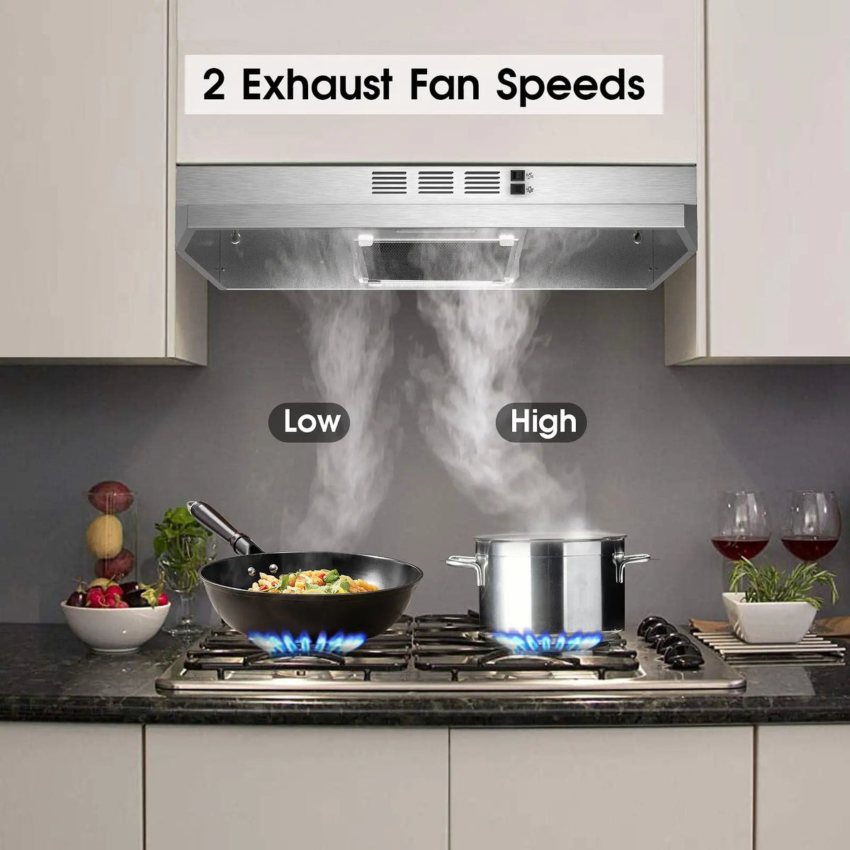 Range Hood 30 Inch Under Cabinet, Stainless Steel Kitchen Vent Hood 280CFM, Built-in Kitchen Stove Hood W/Rocker Button Control