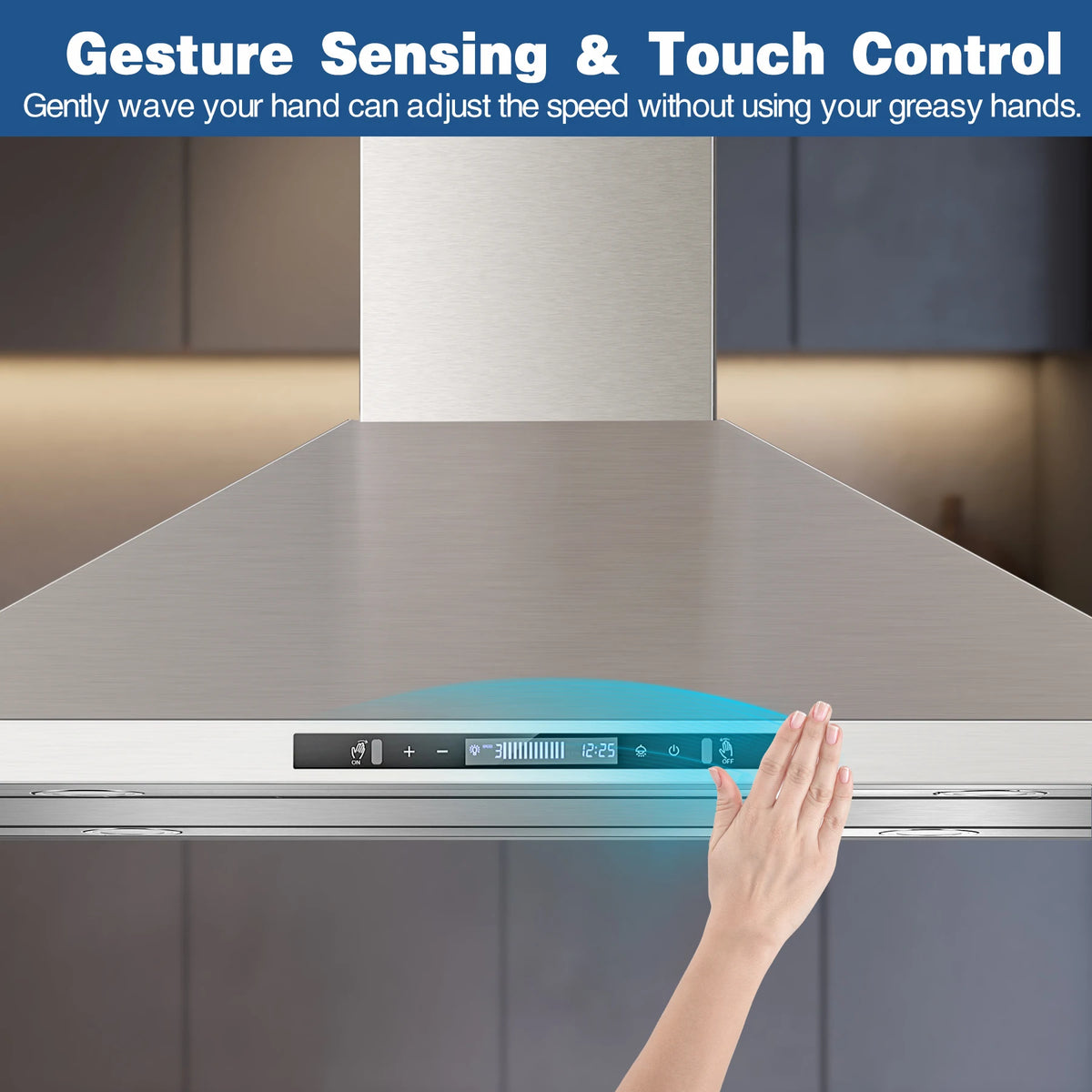 90CM Island Range Hood 36 Inch 700 CFM Ceiling Mount Kitchen Hood Vent with Gesture  &Touch Control ,3 Speeds Fan,4 LED Lights,