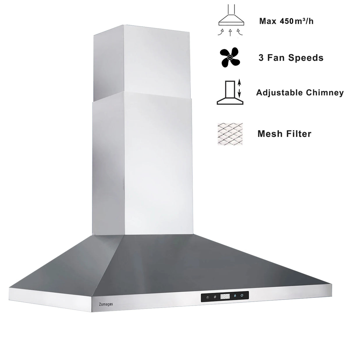 30 Inch Wall Mount Range Hood 450CFM Touch Control LED Stainless Steel Filter 3 Speed Fan 2 LED Lights Adjustable Chimney
