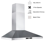30 Inch Wall Mount Range Hood 450CFM Touch Control LED Stainless Steel Filter 3 Speed Fan 2 LED Lights Adjustable Chimney