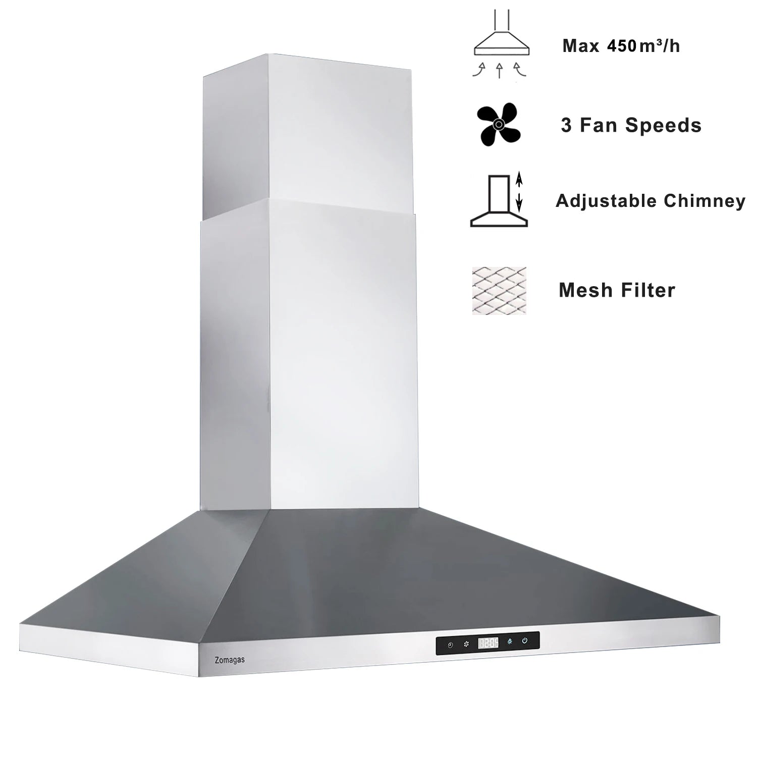 30 Inch Wall Mount Range Hood 450CFM Touch Control LED Stainless Steel Filter 3 Speed Fan 2 LED Lights Adjustable Chimney