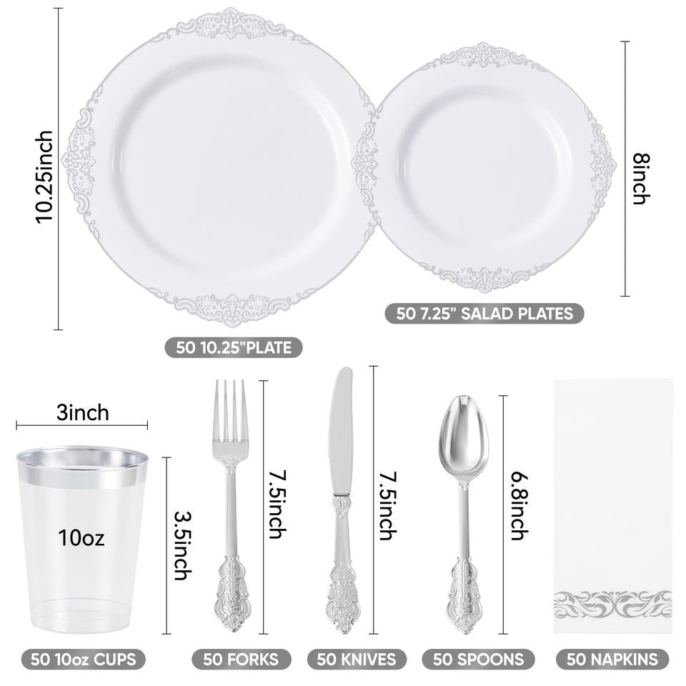 350PCS Disposable PET Dinnerware Set Tableware Kit Plates Cups Cutlery Napkins Gold Rim Freezer Safe BPA-Free Eco-Friendly
