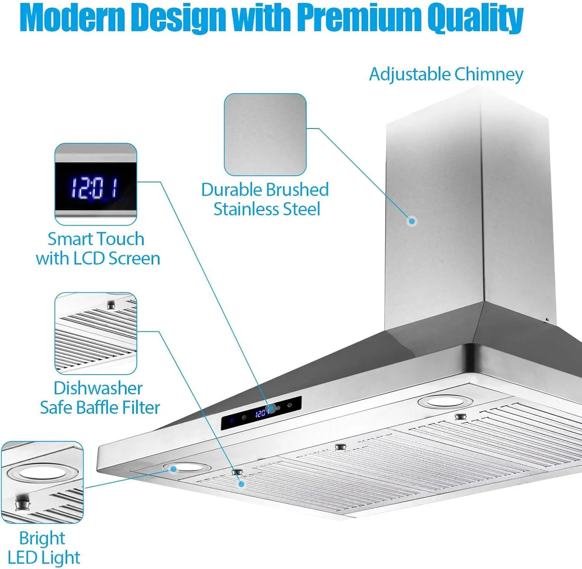 Range Hood 36 Inch Wall Mount Kitchen Hood 700 CFM with Ducted/Ductless Convertible Duct, Touch Control, Permanent Filters
