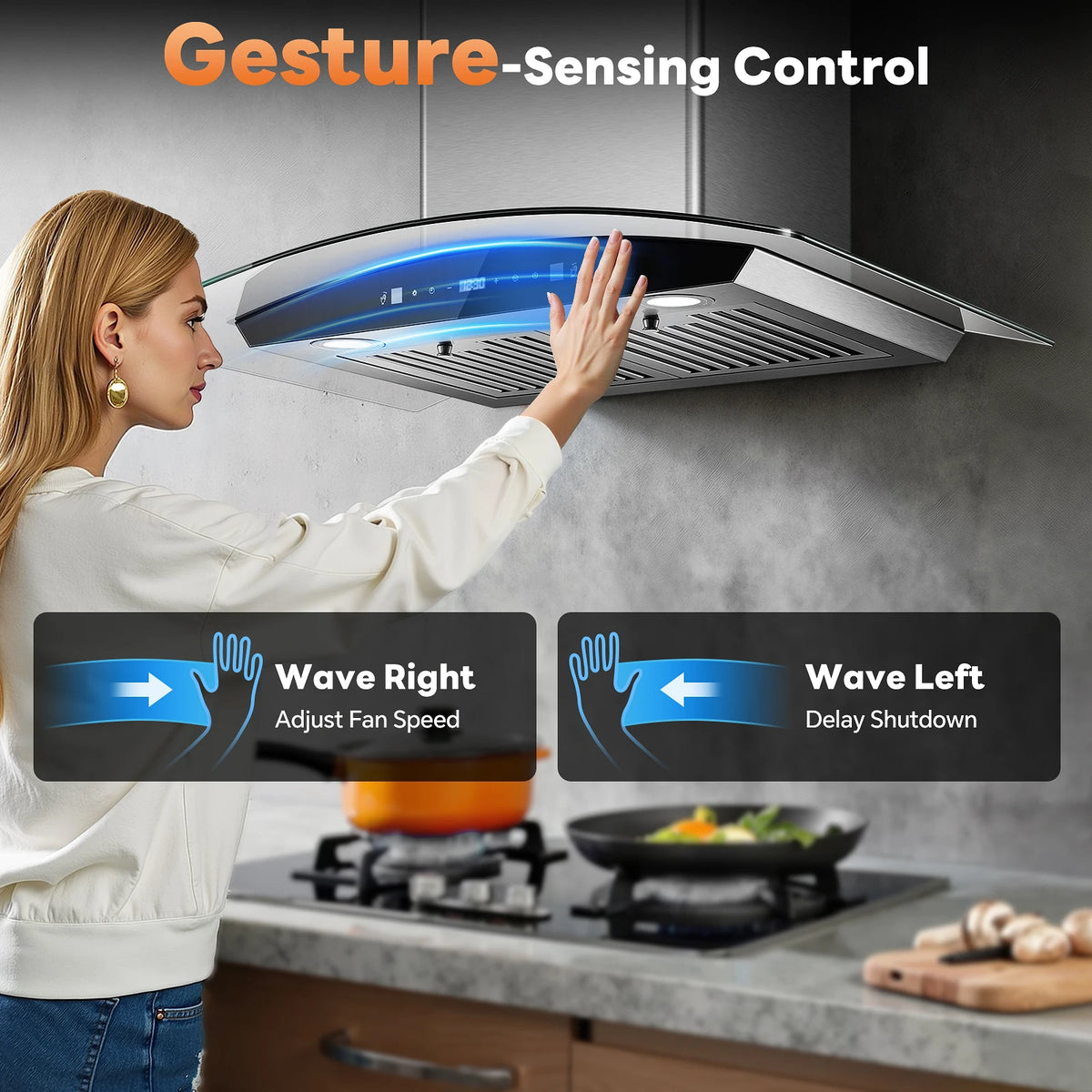 Range Hood 30 Inch Stainless Steel Chimney and Baffle Filters, Touch Control Fan Timer, LED Lights, 3 Speed Fan