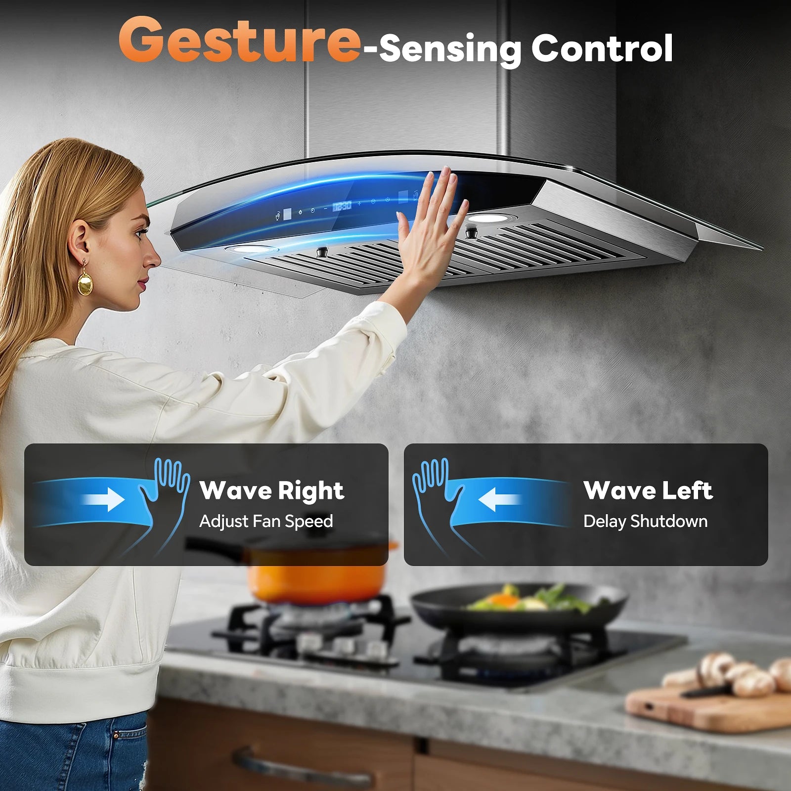 Range Hood 30 Inch Stainless Steel Chimney and Baffle Filters, Touch Control Fan Timer, LED Lights, 3 Speed Fa - view 3