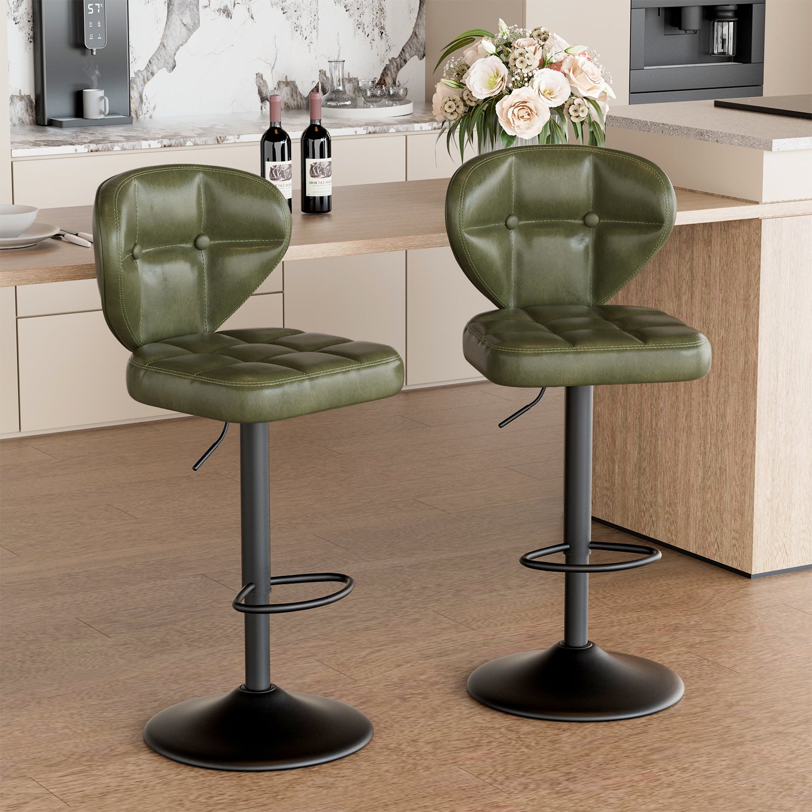 Steady Iron PU Leather Adjustable Hydraulic Eco-Friendly Water Resistant Bar Chair Modern Design Swivel Counter Height Kitchen (Set of 2)