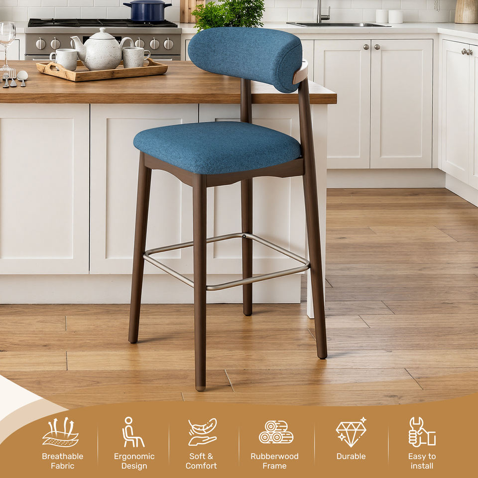 Modern Steady Metal Counter Height Bar Stools with Rubber Wood Legs Ergonomic Backrest for Home Bar Dining Room & Outdoor Use (Set of 2)