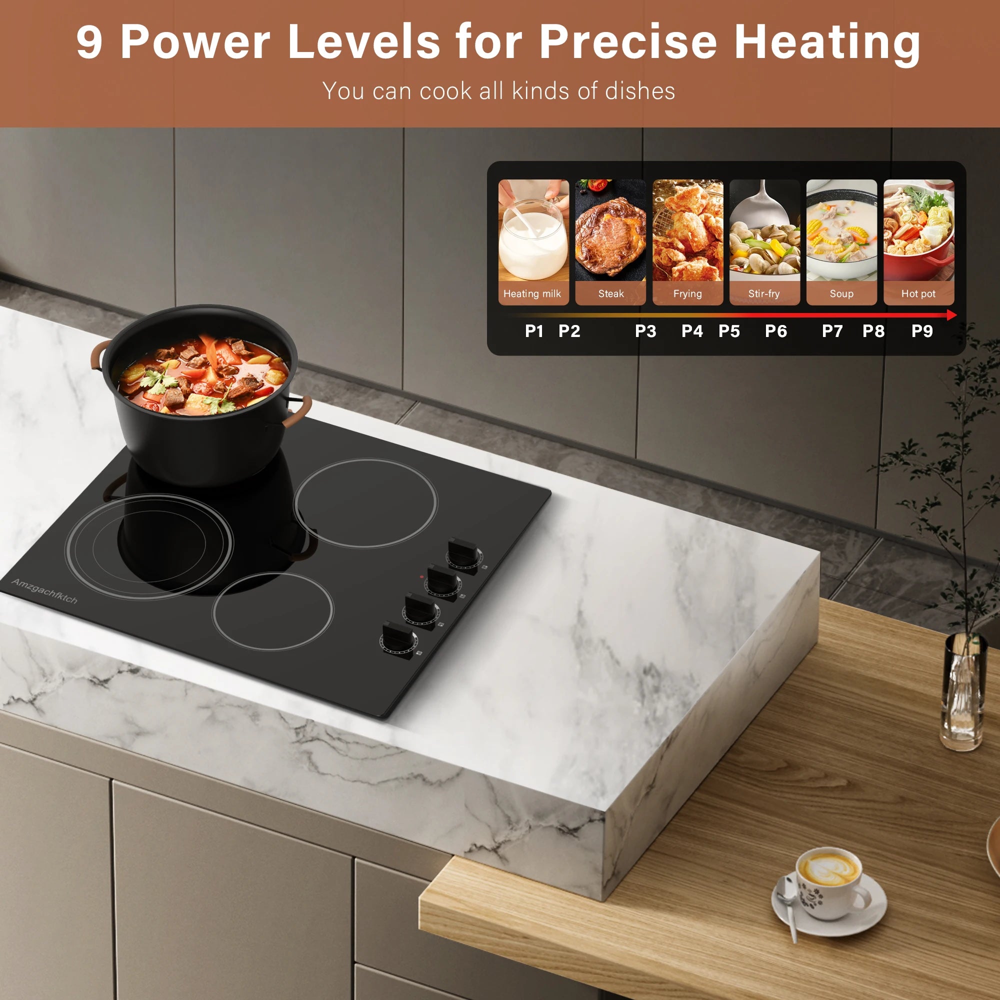24inch Built-In 4 Burner Electric Cooktop, Dual-Ring Burners, 6700W Radiant Stove Top with Knob Control,Ceramic Hob