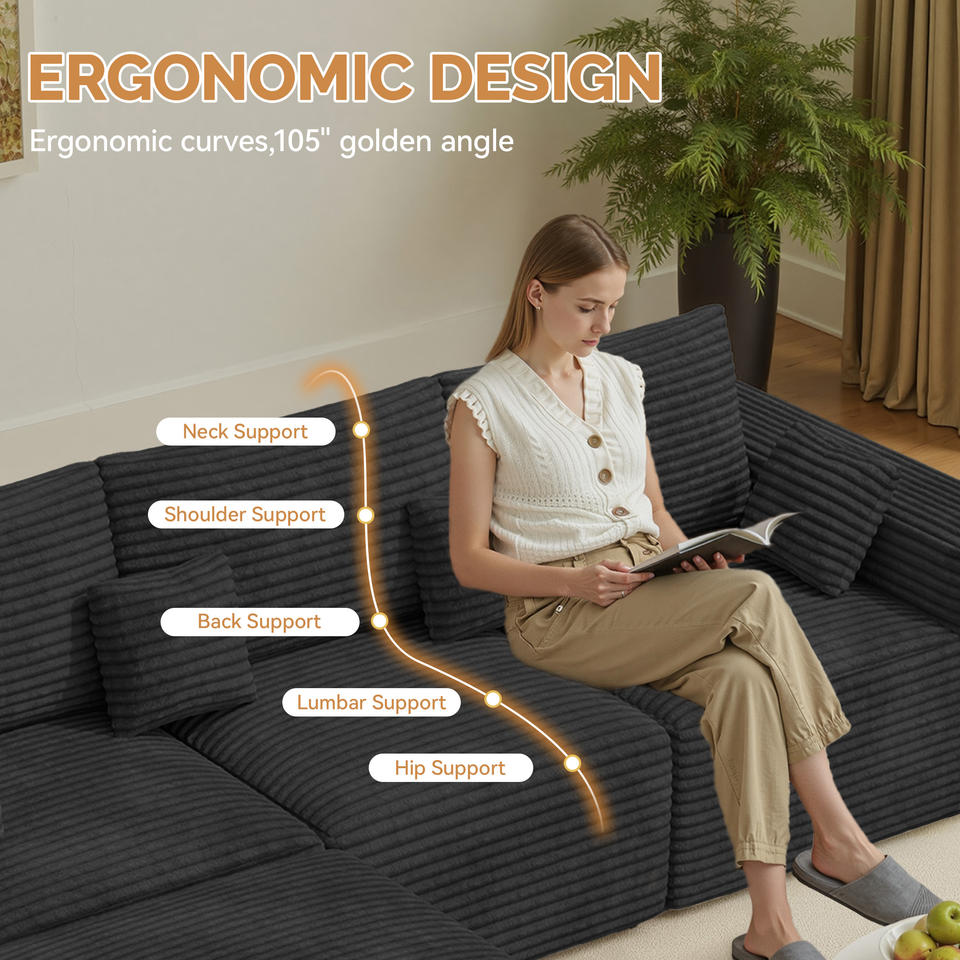 Corduroy Modular Sectional Sofa Non-Assembly Design Foldable Metal Frame Modern Extra Wide Armrest Ergonomic Sofa Living Room
